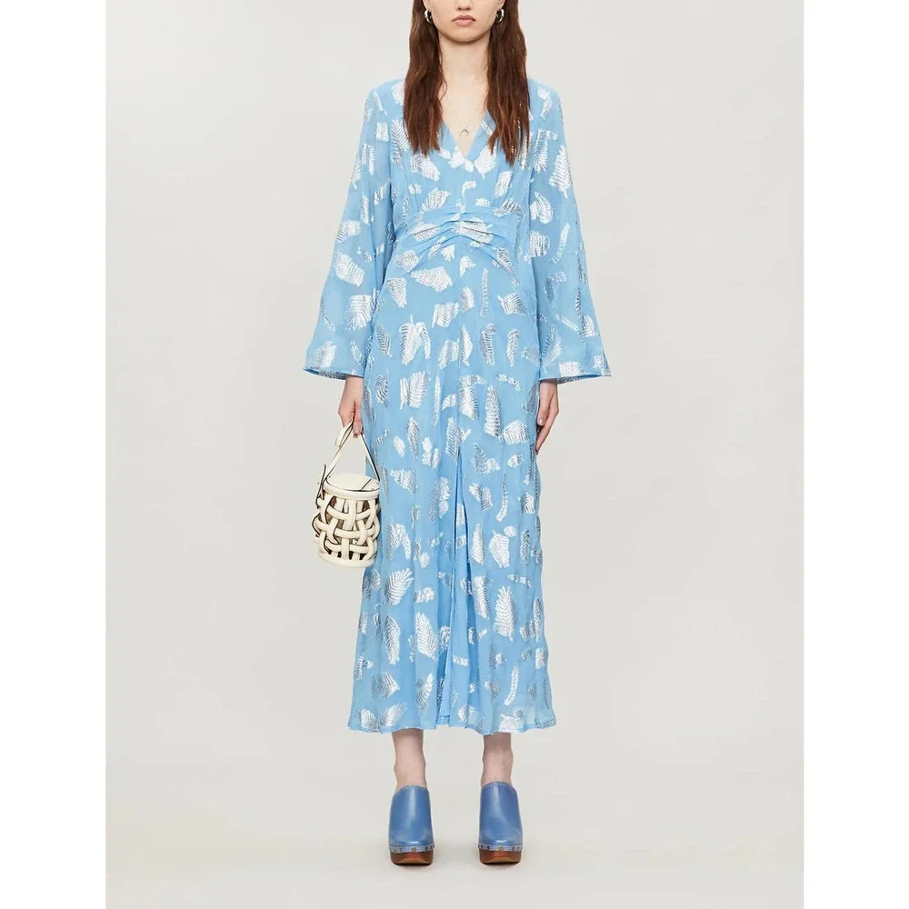 RIXO London Blue Indra Metallic Feather Print Midi Dress - Picture 3 of 12